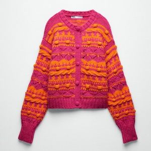Zara hot pink and orange pompom knit jacquard cardigan NWT